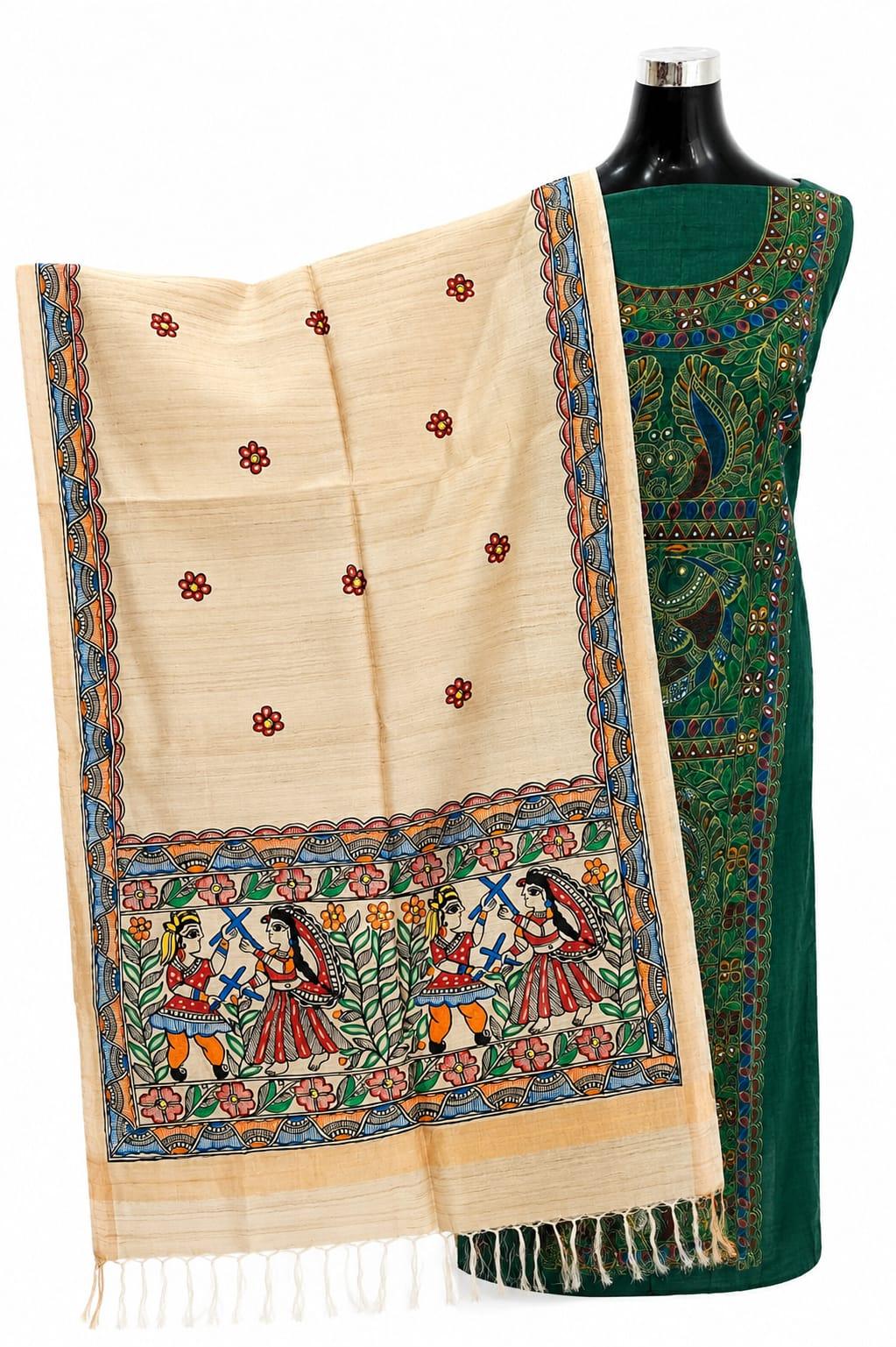Madhubani Hand-Painted Tussar Silk Stole/dupatta
