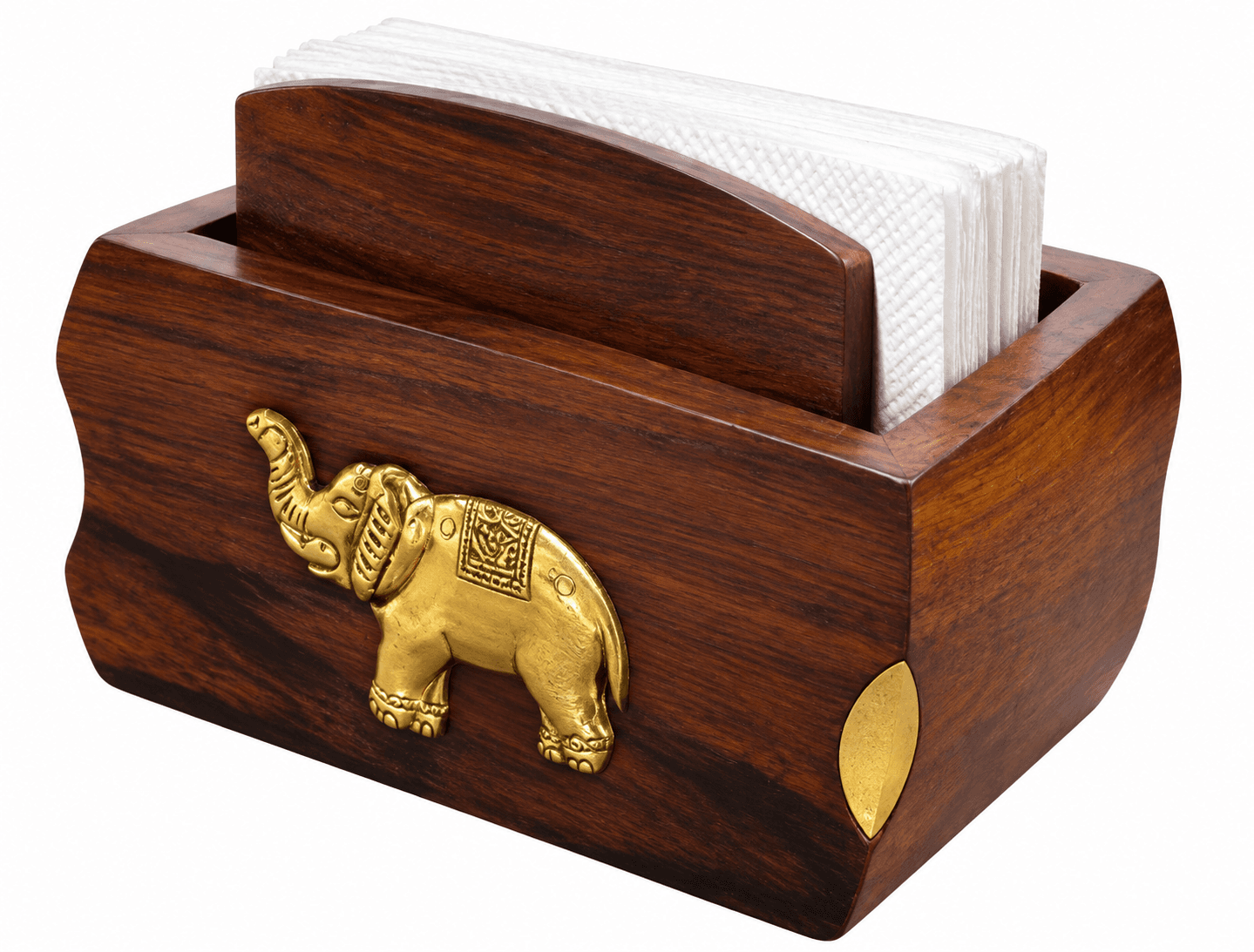 Sheesham Wood Napkin Holder with Brass Elephant Inlay