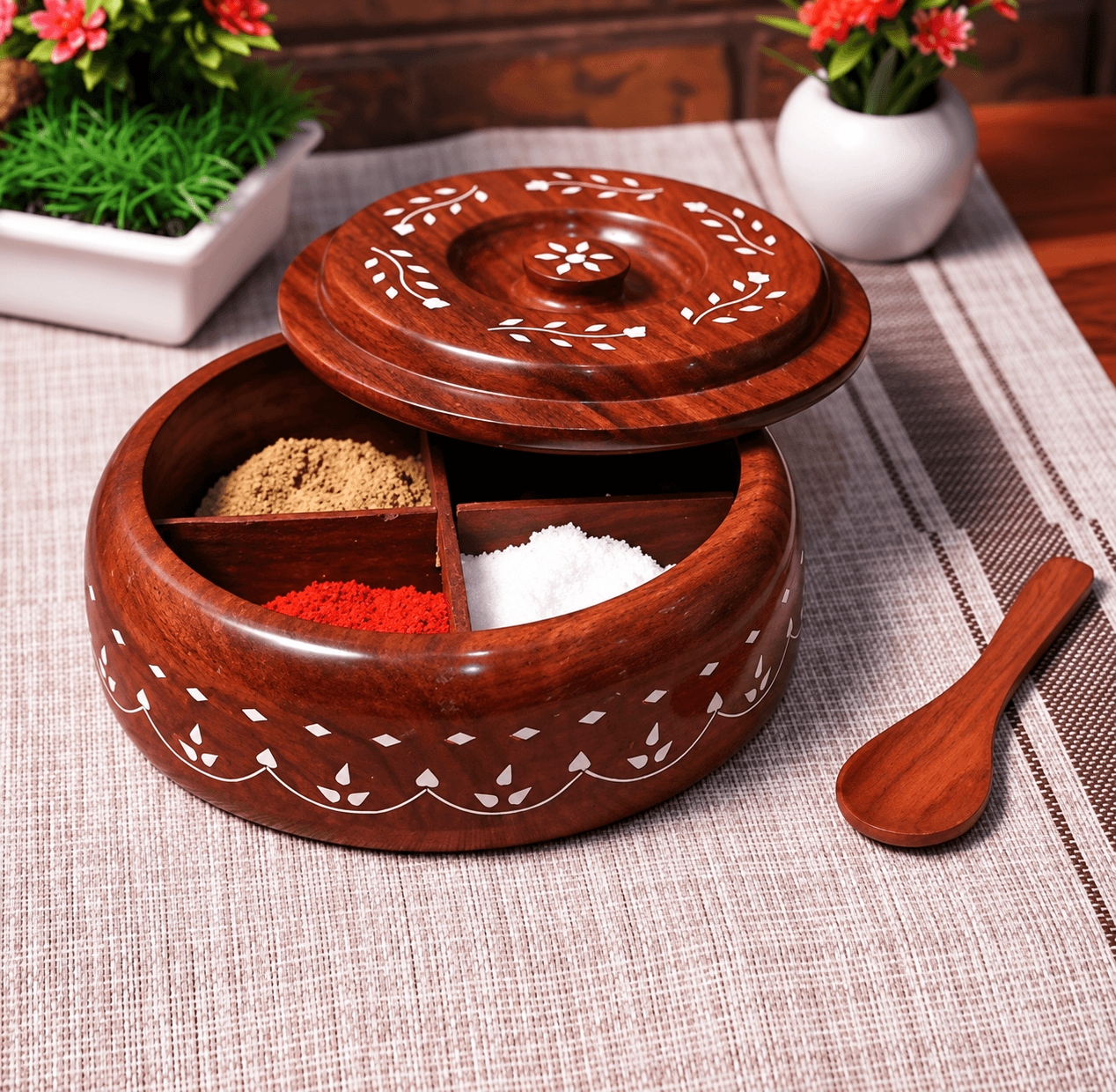 Sheesham Wood Masala Dabba (Spice Box) with White Metal Inlay & Spoon