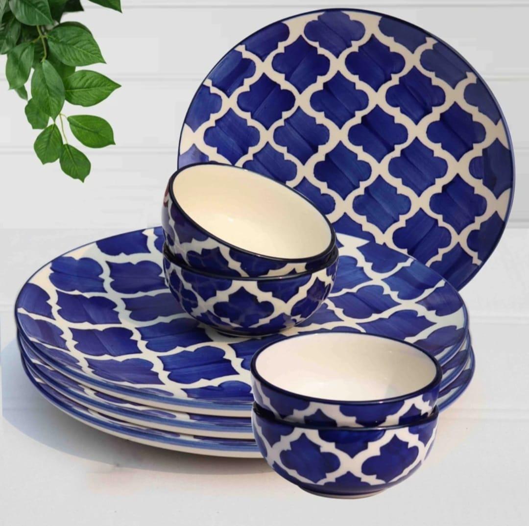 Jaipur Blue Pottery Dinner Set — Quatrefoil Blue & White